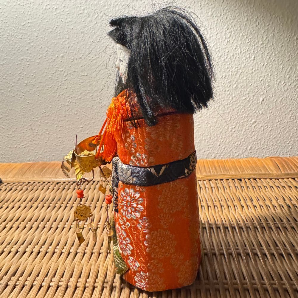 Vintage Japanese Kimekomi Doll Traditional Orange Kimono‎ Accents 7 inch 70's - Picture 9 of 15